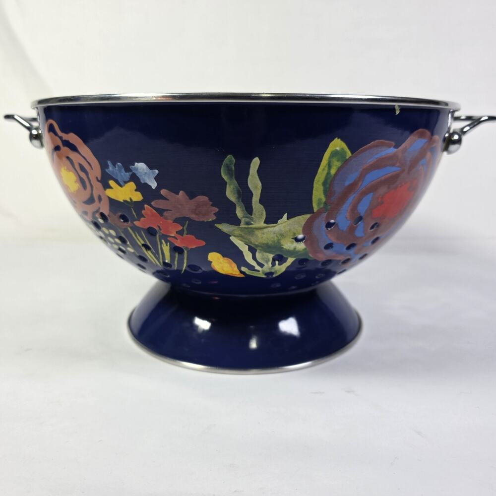 Pioneer Woman Celia Blue 5 Qt Enamel Steel Colander Floral Pedestal Strainer